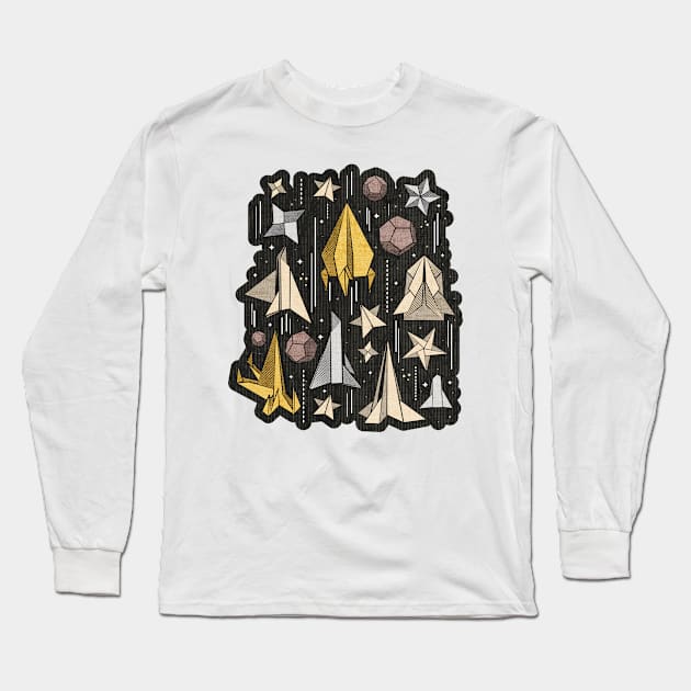 Reaching for the stars // illo // black background ivory grey brown and yellow origami paper asteroids stars and space ships traveling light speed Long Sleeve T-Shirt by SelmaCardoso